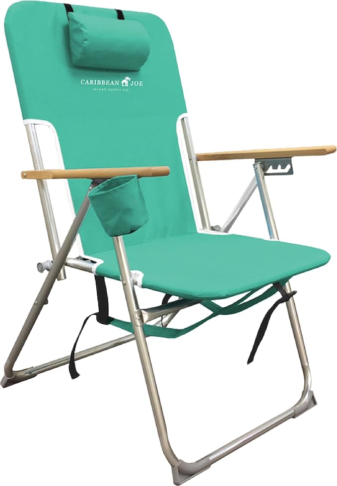 Caribbean Joe Folding Beach Chair, 4 Position Portable Backpack Foldable Camping Chair with Headrest, Cup Holder, and Wooden Armrests, 300 lb Capacity