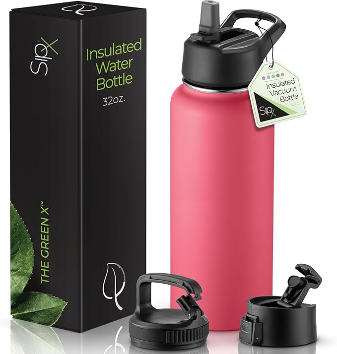SipX™ Triple-Insulated Stainless Steel Water Bottle 32oz. With 3 Lids, BPA-Free Reusable Insulated Water Bottle Keeps Cold 24 Hours, (Red)