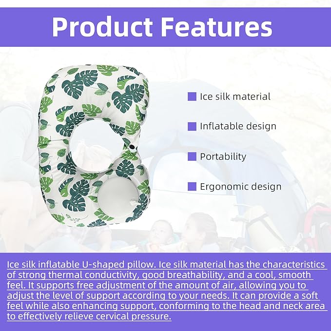 3 Pcs Inflatable Camping Travel Pillow Botanical Ferns Leafy Summer Style U-Pillow and Square Pillow with Eye maskfor Neck Lumbar Support Camp Hiking Sleeping