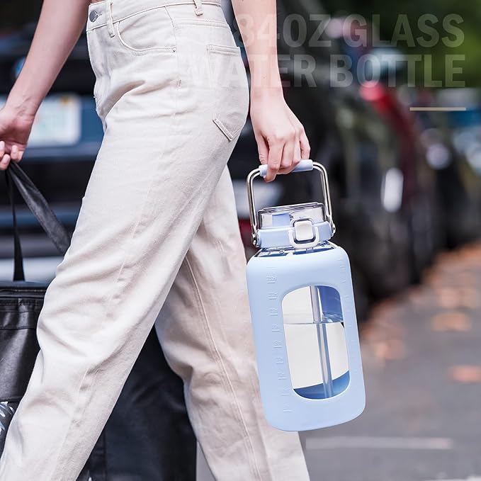 BLUEGO 84oz Water Bottle Glass with Stainless Steel Handle Large 2.5l Water Bottle with Time Markers and Silicone Sleeve Half Gallon Water Jug BPA Free for Gym Daily Use, Blue