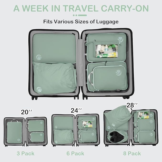 Cipway Compression Packing Cubes, Ultralight Luggage Organizer Bags with Laundry Bags and Clear Toiletries Bag, Travel Essentials for Carry on Suitcase (6 Piece,Sage Green)