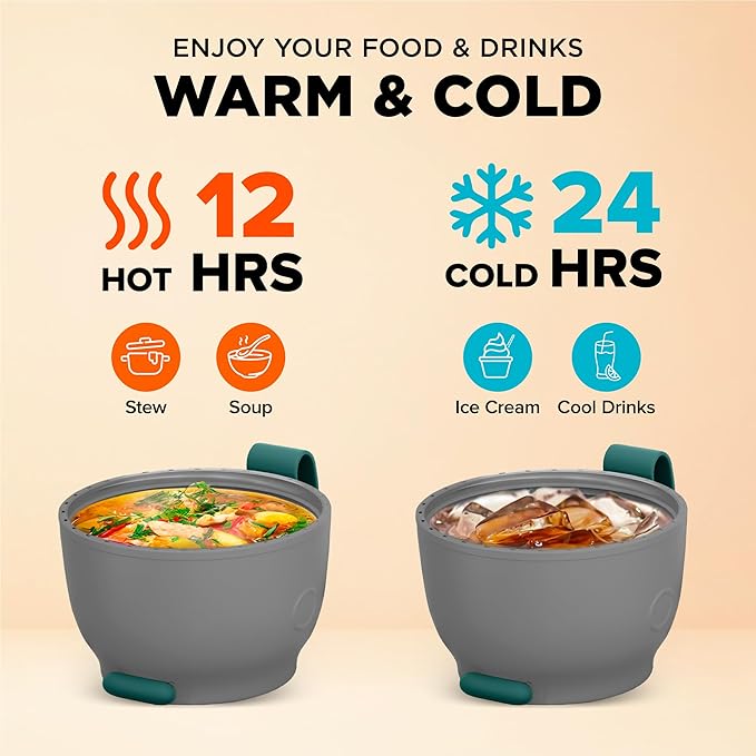 ENERGIFY Vacuum Insulated Food Jar. Large 17oz Bowl incl. Folding Spoon, Cup. Wide Mouth Keep Hot & Cold Drinks Soup Lunch Container for Adults. BPA-Free Stainless Steel, Proof Brilliant Green