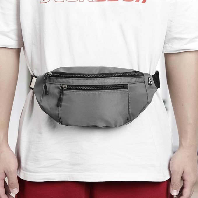 1PCS Crossbody Fanny Pack Large Capacity Waist Bag with 4-Zipper Pockets Adjustable Strap Fanny Packs Waterproof Oxford Cloth Travel Belt Bag for Outdoor Shopping Travel Men Women,Gray