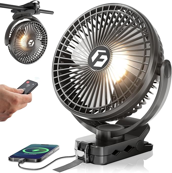 FRIZCOL 24000mAh 8 Inch Portable Clip On Fan,Battery Operated Golf Cart Fan with Lights and Remote, USB Fans Small Desk Fans Personal Quiet Fans for Office Stroller Bedroom and Camping