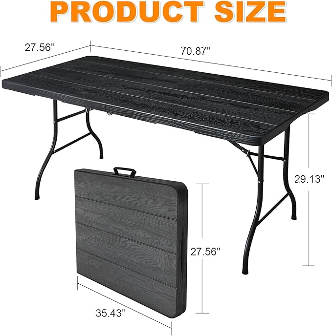 6ft Folding Table, Portable Heavy Duty Plastic Fold-in-Half Utility Table for Indoor/Outdoor Use, Dining, Camping, Picnic, Party, Black Woodgrain