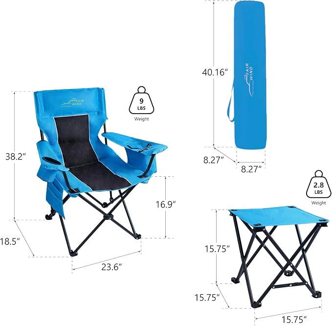 FAIR WIND Oversized Padded Camping Chair with Footrest Stool Set Heavy Duty Support 300 LBS Cooler Bag Chair - Black