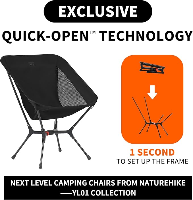 Naturehike YL01 Snap Camping Chair, 1 Second Setup Frame, 441lb Capacity, Portable Backpacking Chair with Storage Bag, Lightweight & Compact Folding Camp Chair for Backpacking Camping Fishing
