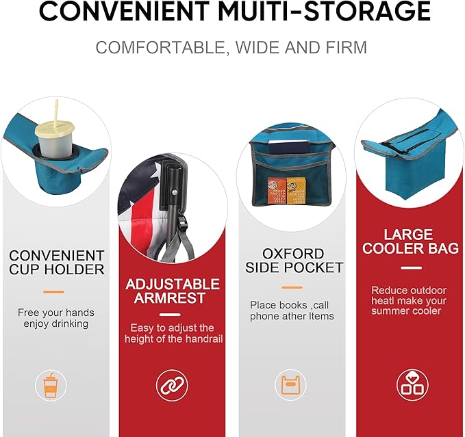 Colorsoul Oversized Folding Camping Chair, Outdoor Padded Camping Chair Support 300 LBS with Cup Holder and Cooler Bag, Portable Lawn Chair for Beach Picnic Sports, (Blue)