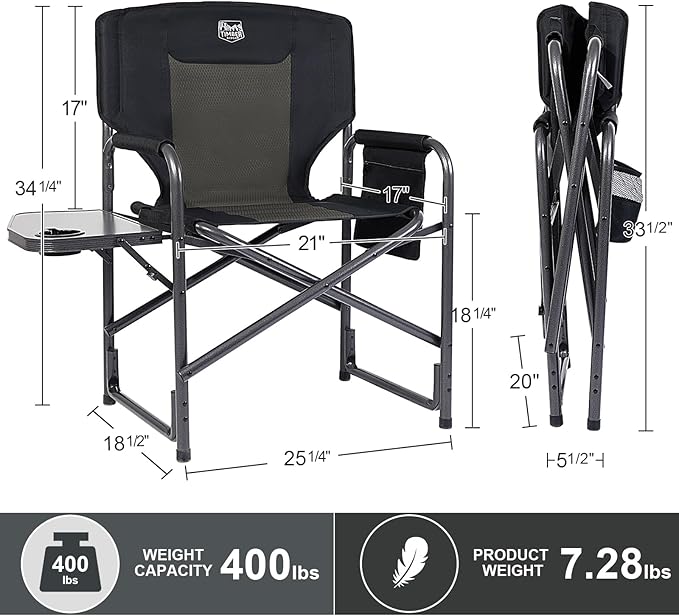 TIMBER RIDGE Aluminum Oversized Camping Chair, Lightweight Portable Directors Chair with Side Table Detachable Side Pocket for Outdoor Camping, Lawn, Picnic, Support 400lbs Black 2 Pack