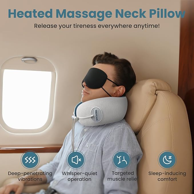 Medicane Neck Travel Pillow with Massage, Shiatsu Massager Cervical Pillows with Heat & Vibration, Ergonomic Memory Foam Comfortable Eye Mask, Perfect for Airplane, Car, Office, Home Use, Pain Relief