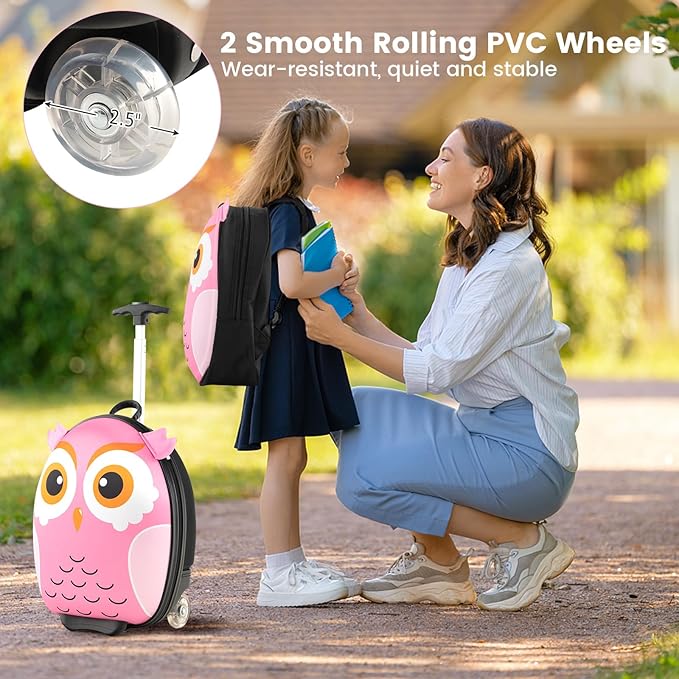 Goplus 2PC Kids Carry On Luggage Set, 16" Rolling Suitcase & 12" Backpack, Airline Approved Travel Trolley Luggage with Wheels for Toddlers Children Girls Boys (Owl)