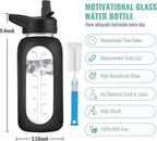 CIVAGO 40 oz Glass Water Bottle with Straw and Handle, Large Sports Motivational Water Bottle Flask with Time Marker and 2 Lids, Leakproof Water Jug Canteen with Silicone Sleeve for Gym,Navy