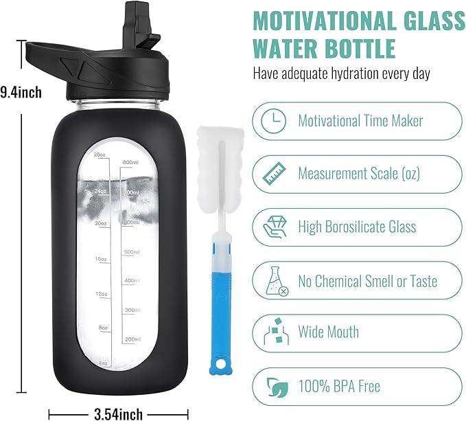 CIVAGO 40 oz Glass Water Bottle with Straw and Handle, Large Sports Motivational Water Bottle Flask with Time Marker and 2 Lids, Leakproof Water Jug Canteen with Silicone Sleeve for Gym,Camelia