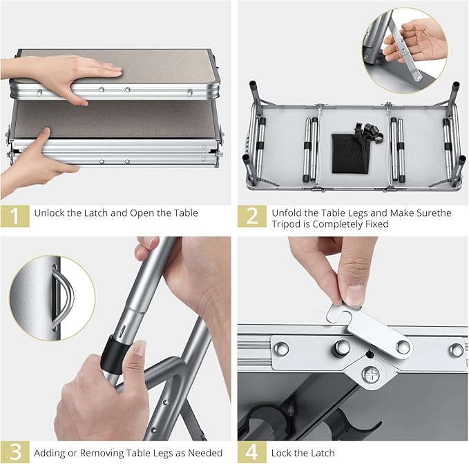 Folding Camping Table with Storage Net, 3ft Camping Table Aluminum Folding Table with 3 Adjustable Height Max 27.1 Inch, Portable, for Outdoor Backyard BBQ, Silver