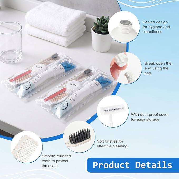 5 Kits Travel Toiletry Kit Bulk, 9-in-1 Disposable Personal Hygiene Kit, Basic Toiletry Kits for Men Women, Homeless Care Supplies Charity Kit for Guest, Hotel, Camping, Travel, Donation