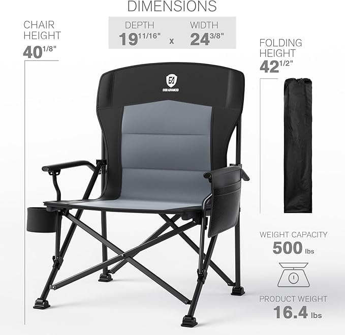 EVER ADVANCED Oversized Folding Camping Chair for Adults, Heavy Duty Lawn Chair with Side Pockets, Portable Collapsible Quad Chair for Outside, Support Up to 500lbs, Black