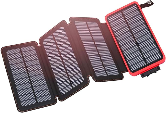 Hiluckey Solar Charger 25000mAh, Outdoor USB C Portable Power Bank with 4 Solar Panels, 3A Fast Charge External Battery Pack with 3 USB Outputs Compatible with Smartphones, Tablets, etc. (Red)
