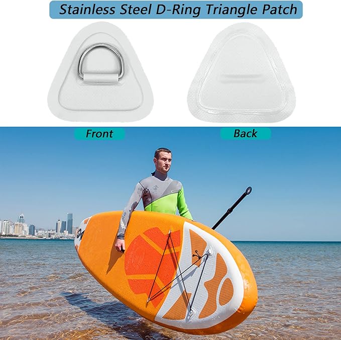 4 Pack Stainless Steel D-Ring Triangle Patch with 2.5m Black Bungee Cord,4Pcs Cord Hooks for PVC Inflatable Boat SUP Kayak Canoe Deck Accessories-White
