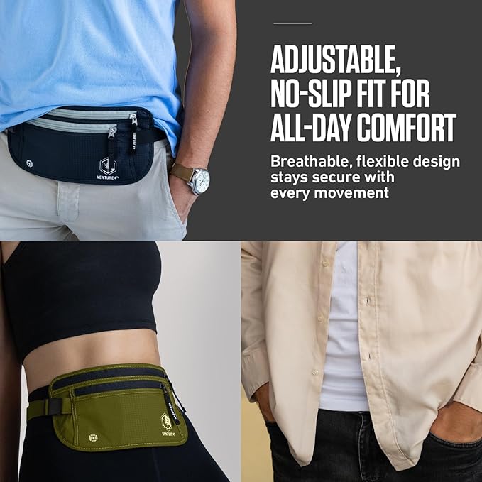 VENTURE 4TH Money Belt for Travel – Slim Hidden Under-Clothes RFID Blocking Anti-Theft Passport Holder & Travel Wallet Pouch for Men & Women to Protect Cash, Cards & Documents (Green)