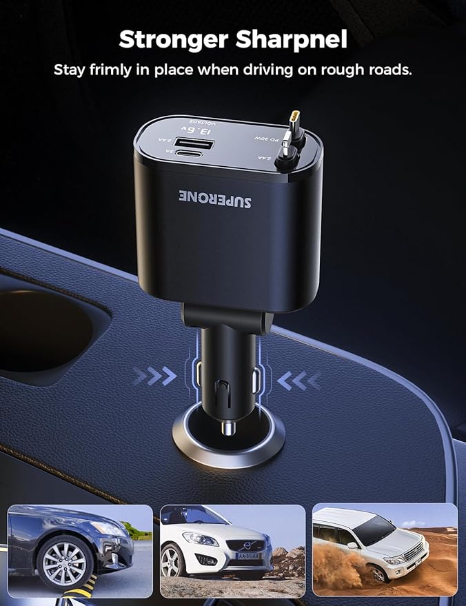 [Upgraded] SUPERONE Retractable Car Charger 4 in 1, Fast Car Phone Charger with Cord 2.6ft, USB C and Apple Car Adapter, Compatible with iPhone 17 16 15/15 Pro Max/14/13/12/11, Galaxy, Pixel