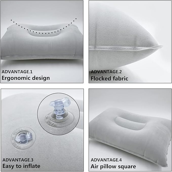 2Pack Ultralight A4 Size Inflatable Travel Pillow, Small Squared Flocked Fabric Air Pillow for Traveling, Holiday Trip, Hiking, Camping,Napping,Neck Lumbar Support(Gray)