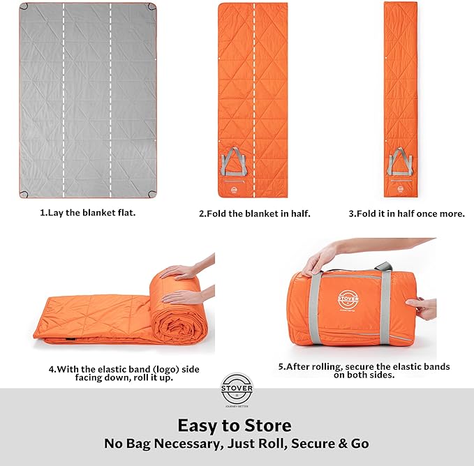 STOVER Waterproof Stadium Blanket – Portable Outdoor Camping Blanket for Travel, Picnics, or Sports – Warm, Windproof, Lightweight, and Packable (Game Day Orange)