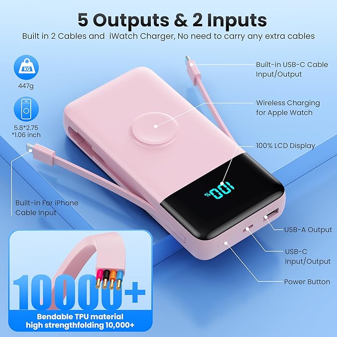 Portable Charger 40800mAh for iPhone with 2 Built-in Cable and iWatch Charger, 5-in-1 25W PD Fast Charging USB C Power Bank,QC4.0 LED Display Battery Pack for iPhone 16/15/14/13/12,Android,Apple Watch