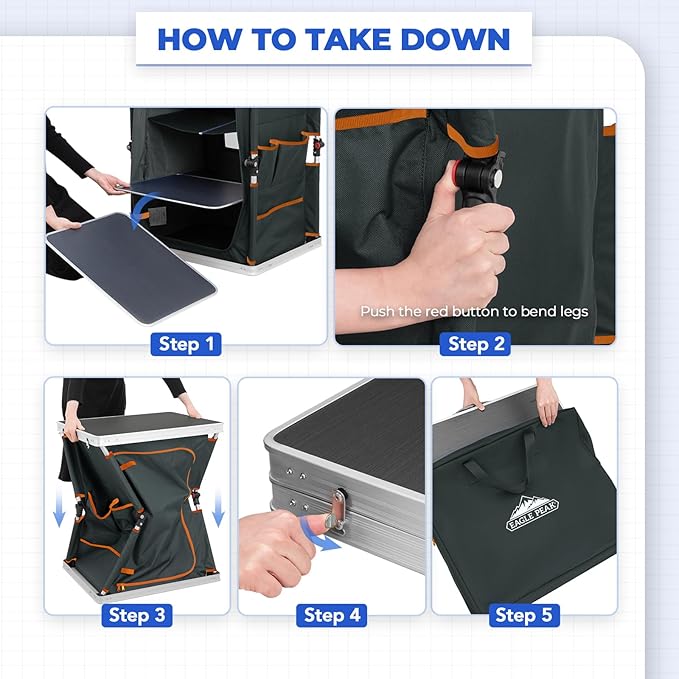 EAGLE PEAK Outdoor Folding Camping Table with Large 3-Tier Storage Organizer and Side Pockets, Easy Set Up Portable Aluminum Camping Kitchen, Gray