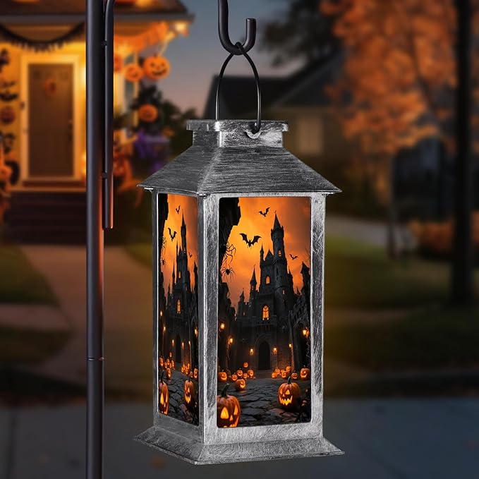 Halloween Decorations Outdoor,Halloween Hanging Decorations,Solar Lantern,Decor for Home Outside Porch Garden Yard Lawn Party Decorations（Bat Pumpkin Castle）