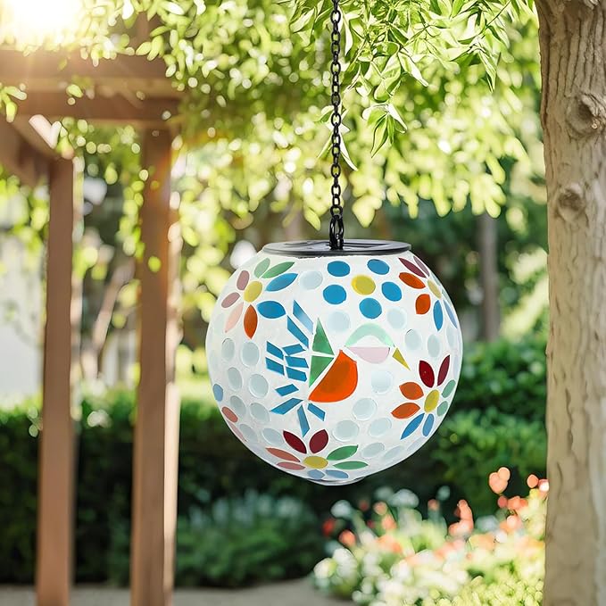 Solar Lanterns Outdoor Hanging Solar Mosaic Hummingbird Lantern Outdoor Waterproof Lanterns Decorative Garden Patio Yard Party Decor Multi