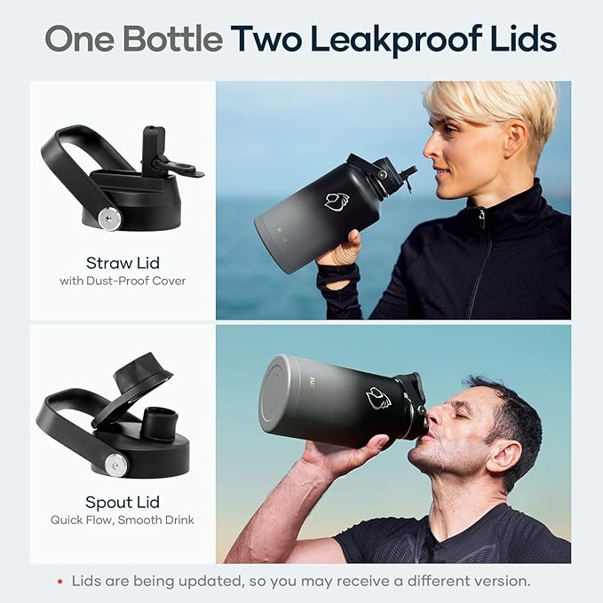 Insulated Water Bottle 64 oz with Straw Lid and Flex Lid, BUZIO 64oz Stainless Steel Water Bottle Half Gallon Jug Flask, Double Wall Vacuum Sports Thermo Mug, Cold Hot Hydro Metal Canteen