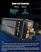 90000mAh Power Bank 35W Fast Charging with Solar Charger,Built-in USB-C/Lightning Cables High Capacity Portable Charger for Camping,Travel,Emergencies,Tech Devices| 9-Port PD/USB-C, LED Flashlight