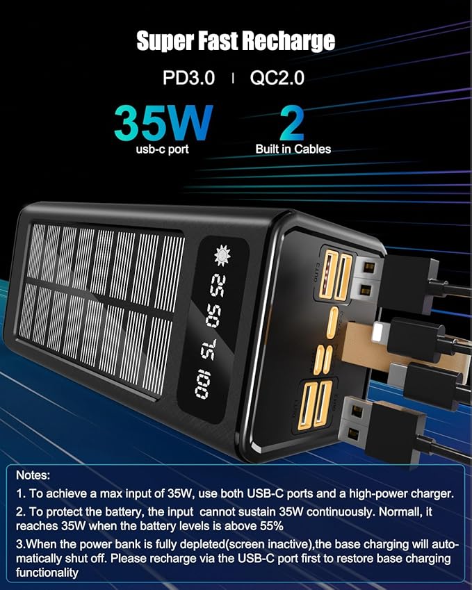 90000mAh Power Bank 35W Fast Charging with Solar Charger,Built-in USB-C/Lightning Cables High Capacity Portable Charger for Camping,Travel,Emergencies,Tech Devices| 9-Port PD/USB-C, LED Flashlight