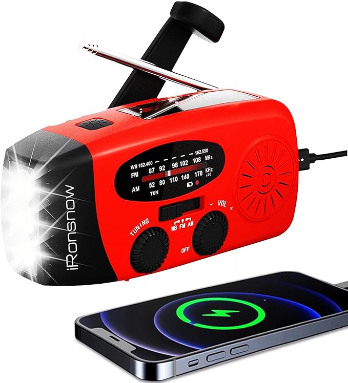 Solar Emergency Hand Crank Weather Radio, Portable Self Powered NOAA AM/FM Radios with SOS Alarm LED Flashlight 2000mAh Smart Phone USB Charger for Camping (Red)