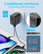 Universal Travel Adapter, International Travel Plug Adapter with 2 USB-C(GaN 45W) ＆ 1 USB-A Ports, All in One Portable Adaptor, for USA, UK, EU, AU ＆ 224+ Countries (Black) US