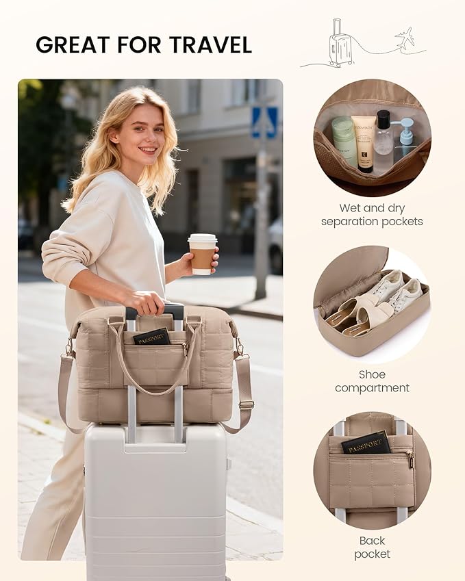 LOVEVOOK Travel Duffel Bag - Versatile Weekender Bag for Women, Puffer Carry On & Overnight Bag for Short Trips, Dark Green