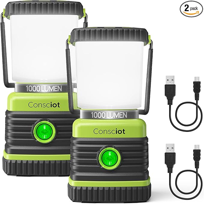 LED Camping Lantern Rechargeable, Consciot Camping Lights, 1000LM, 4 Light Modes, 4400mAh Power Bank, IPX4 Waterproof, Dimmable Tent Lights for Emergency, Power Outages, USB C Cable Included, 2 Pack