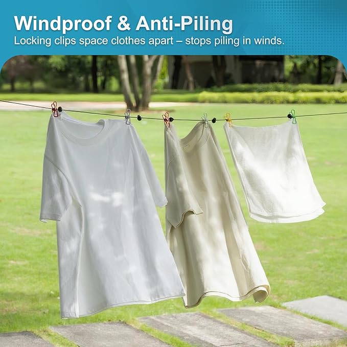 2 Pack Retractable Portable Clothesline, Windproof Clothes Line for Outdoor Camping, Travel, Laundry Drying with 12 Clips for Cruise, Hotel & Home-Sapphire Blue & Colorful