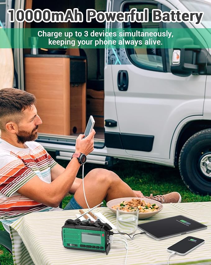 Esky 10000mAh/37000mWh Emergency Hand Crank Radio, AM/FM/NOAA Portable Rechargeable Weather Alert Radio with Flashlight, Compass Reading Lamp, Solar Powered for Outdoor Camping Survival Gear