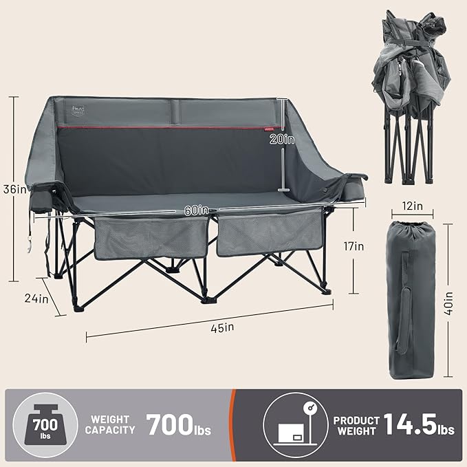 Timber Ridge Heated Double Camping Chair, 700 lbs Heavy Duty Outdoor Folding Camp Couch, Oversized Comfort Loveseat Camping Chairs Perfect for Outdoor Sports, Camping, Lawn(Power Bank not Included)