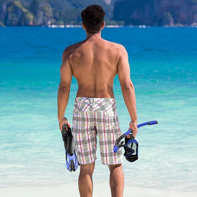 Snorkeling Gear for Adults, Mask Fin Snorkel Set, Dry Top Snorkel, Snorkeling Kit Travel Diving Package, Panoramic View Anti-Fog Anti-Leak Adjustable Swim Fins