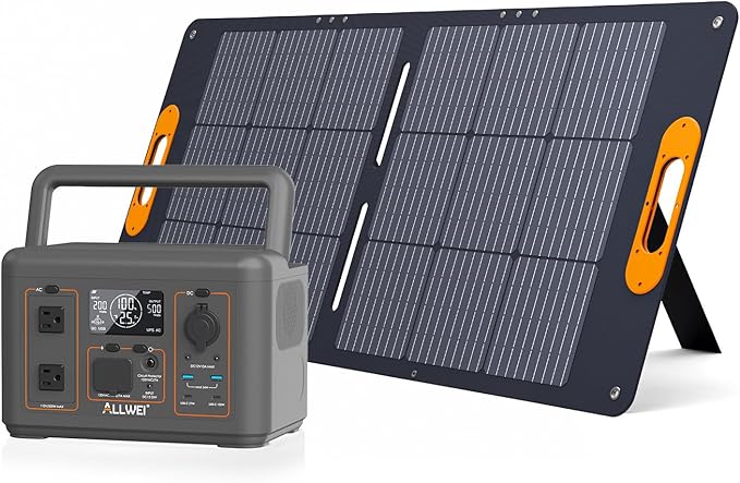 ALLWEI 500W Solar Generator with 100W Solar Panel, 512Wh LiFePO4 Portable Power Station with AC Outlets(1000W Surge), Battery Generator for RVs Outdoor Camping CPAP Home Backup Power Outage
