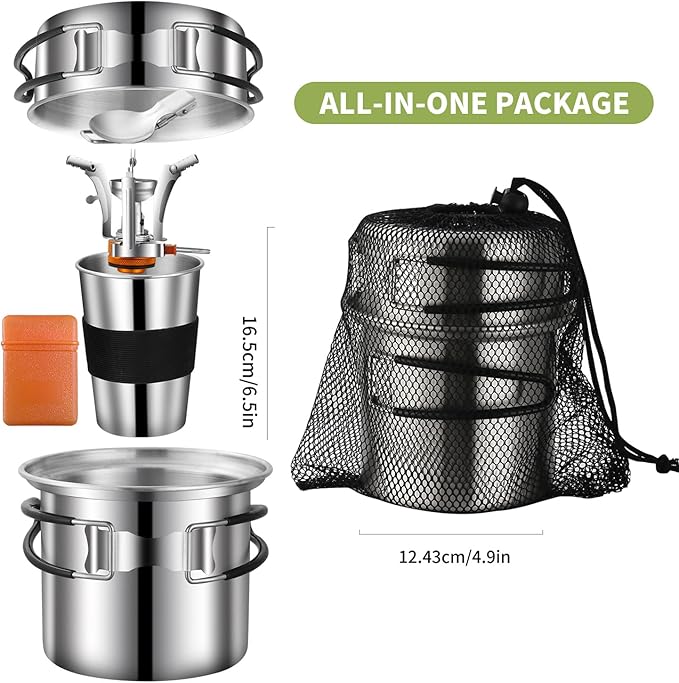 Camping Cookware Mess Kit, Stainless Steel Camping Cooking Set, Backpacking Cooking Set Backpacking Gear with Mini Stove for Camping,Backpacking,Picnic, Hiking