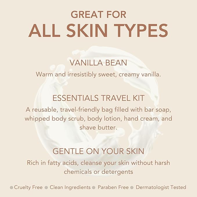 Dionis Goat Milk Vanilla Bean Hand Cream, Body Lotion, Whipped Body Scrub, Shave Butter, Bar Soap 6 oz & Carrying Case 6-Piece Travel Set