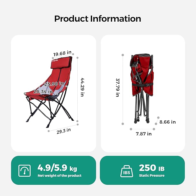 UNNYFEEL High Red Camping Chair for Adults, Lightweight Camping Chair Support 300 lbs Heavy Duty, Compact Folding Chair Design, Portable & Collapsible Camping Chairs for Outdoor, Camp, Beach, Picnic