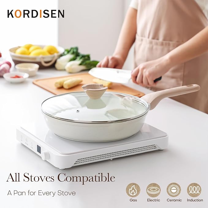 Ceramic Nonstick Frying Pan Skillet Set with Lid, 3 Piece Ceramic Pans for Cooking Non Toxic, Healthy Induction Cookware, Stay-Cool Handle, PFOA & PFAS Free (9.5 Inch, 11 Inch, 12.5 Inch)