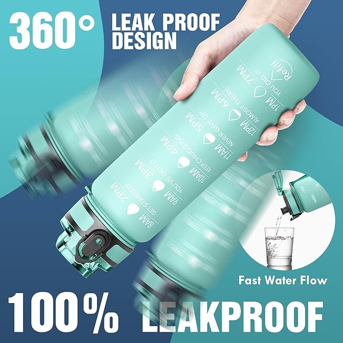 OLDLEY Water Bottle, 32oz Motivational Sports Water Bottle with Time Marker - Times to Drink - Tritan, BPA Free, Wide Mouth Leakproof, Mint Matte (1 Bottle)
