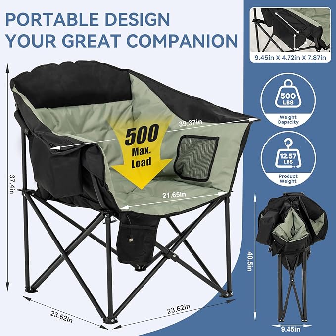 LILYPELLE Oversized Heated Camping Chair, Patio Lounge Chairs with 3 Heat Levels, Portable Folding Heated Chair Round Moon Saucer Folding Lawn Chair Outdoor Chair for Camping, Lounge Patio