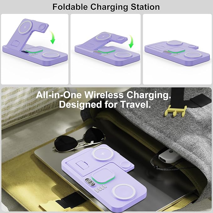 Dual Phone Magnetic Wireless Charging Station for Apple Devices/Apple Ecosystem,with Auto-Switch 7-Color Light & Clock, Compatible with iPhone 17/16/15, for iWatch 11/10/9 & AirPods Pro3(Purple