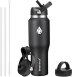 SENDESTAR 40oz Stainless Steel Water Bottle(Cold for 48 Hrs, Hot for 24 Hrs),Double Wall Vacuum Insulated Bottle with Straw Lid, Spout Lid and Flex Cap, Fit in Any Car Cup Holder,Black